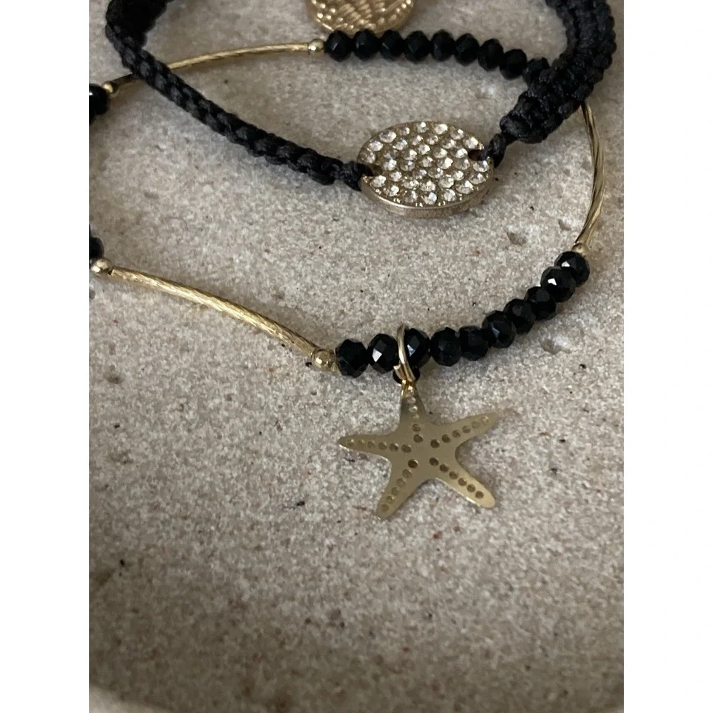 Gold Tone Black Beaded Starfish Bracelet Set Of 3 Rhinestone Charm Layered